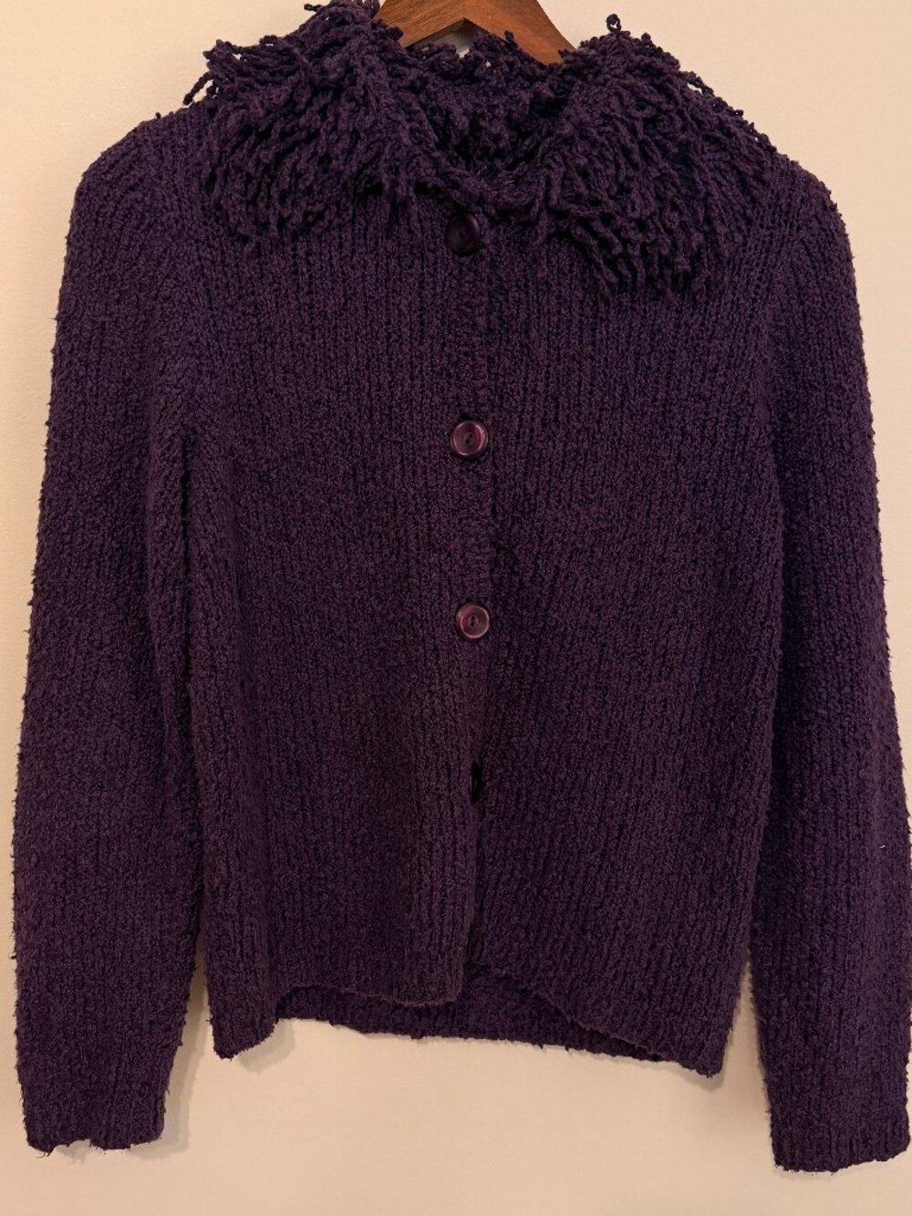 90s Vintage Michael Simon Purple Cardigan with Loop-Knit Collar, Size M
